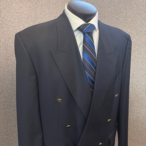 Baumler Double Breasted Wool Navy Blazer 44R Glass Buttons AustriaGarvey's